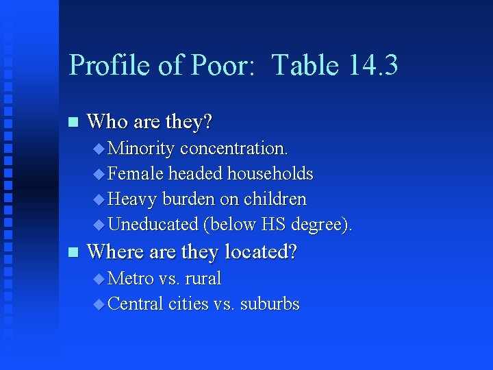Profile of Poor: Table 14. 3 n Who are they? u Minority concentration. u