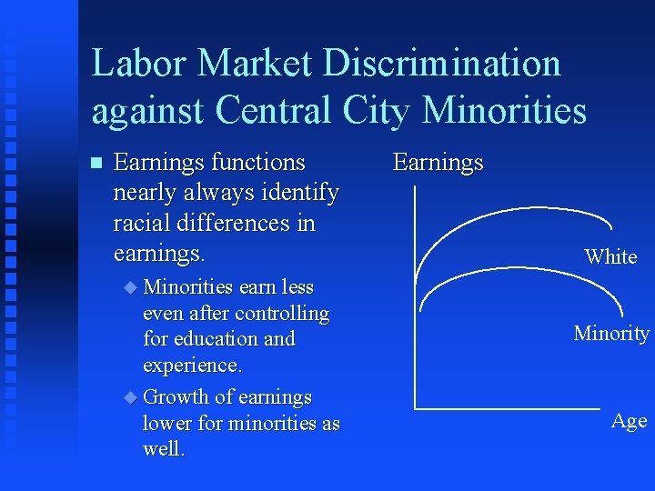 Labor Market Discrimination against Central City Minorities n Earnings functions nearly always identify racial