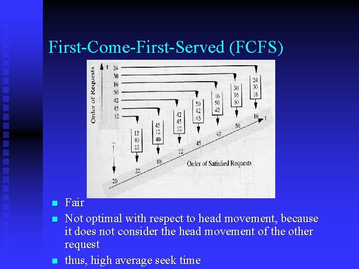First-Come-First-Served (FCFS) n n n Fair Not optimal with respect to head movement, because