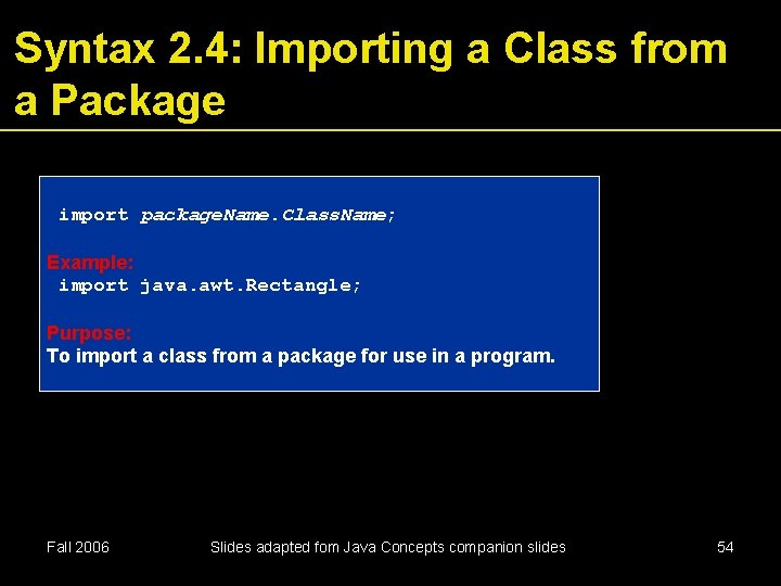 Syntax 2. 4: Importing a Class from a Package import package. Name. Class. Name;