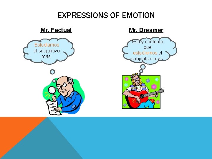 EXPRESSIONS OF EMOTION Mr. Factual Estudiamos el subjuntivo más. Mr. Dreamer Estoy contento que