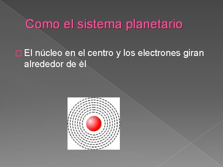 Como el sistema planetario � El núcleo en el centro y los electrones giran