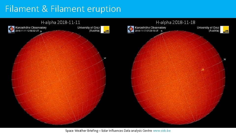 Filament & Filament eruption H-alpha 2018 -11 -11 H-alpha 2018 -11 -18 Space Weather
