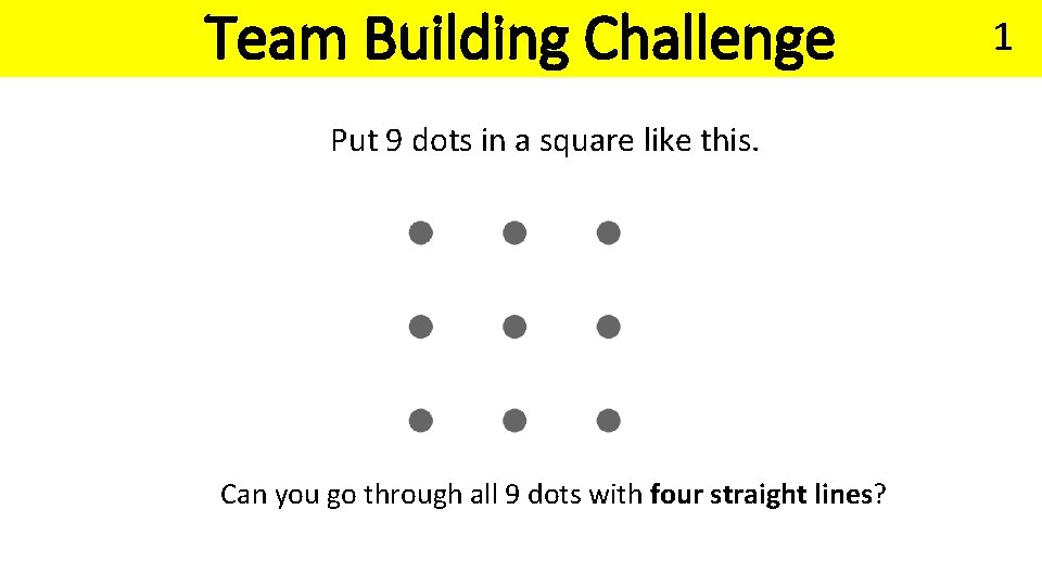 Team Building Challenge Put 9 dots in a square like this. Can you go