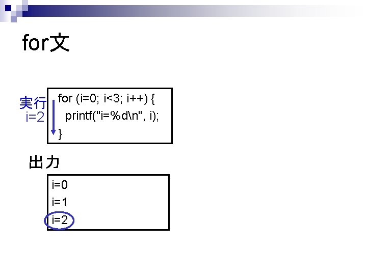 for文 実行 for (i=0; i<3; i++) { i=2 printf("i=%dn", i); } 出力 i=0 i=1