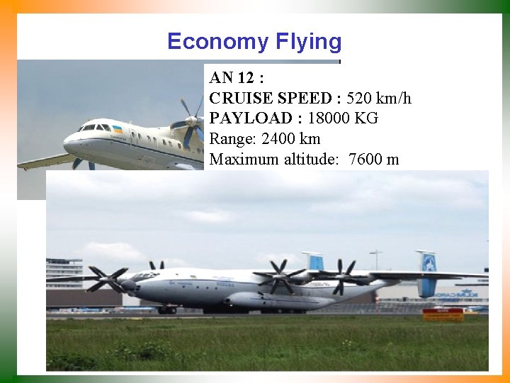 Economy Flying AN 12 : CRUISE SPEED : 520 km/h PAYLOAD : 18000 KG