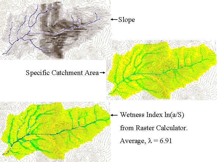 Slope Specific Catchment Area Wetness Index ln(a/S) from Raster Calculator. Average, l = 6.