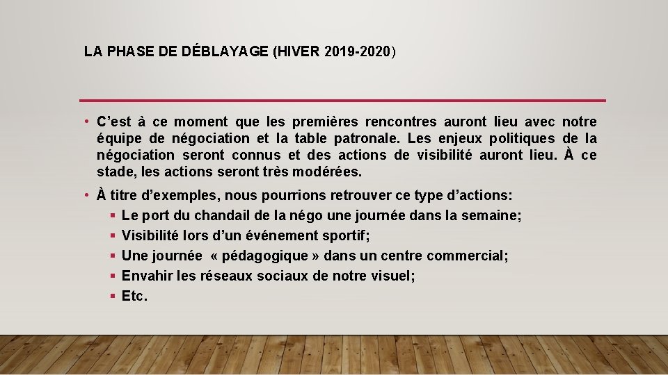 LA PHASE DE DÉBLAYAGE (HIVER 2019 -2020) • C’est à ce moment que les