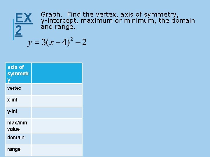 EX 2 axis of symmetr y vertex x-int y-int max/min value domain range Graph.
