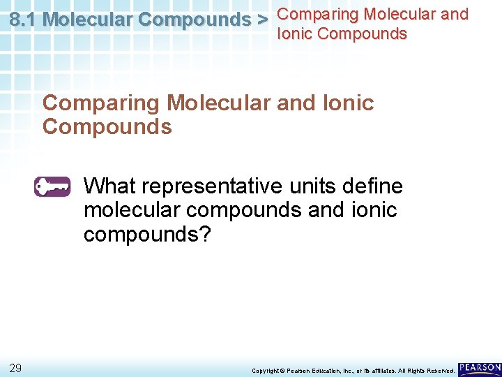 8. 1 Molecular Compounds > Comparing Molecular and Ionic Compounds What representative units define
