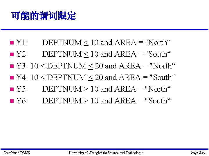可能的谓词限定 Y 1: DEPTNUM < 10 and AREA = "North“ Y 2: DEPTNUM <
