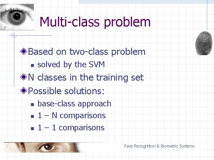 Multi-class problem Based on two-class problem n solved by the SVM N classes in