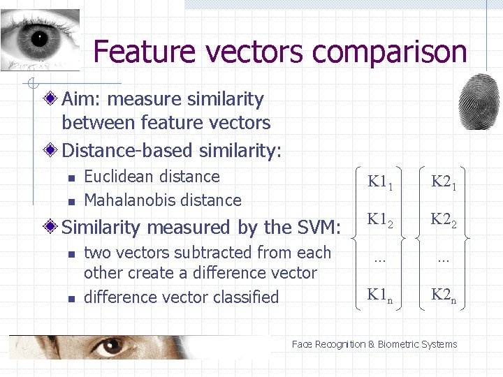 Feature vectors comparison Aim: measure similarity between feature vectors Distance-based similarity: n n Euclidean