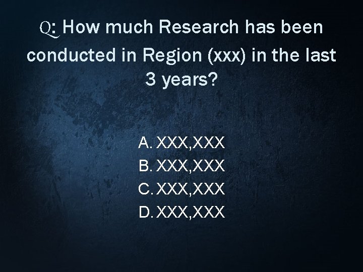 Q: How much Research has been conducted in Region (xxx) in the last 3