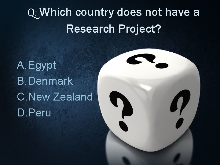 Q: Which country does not have a Research Project? A. Egypt B. Denmark C.