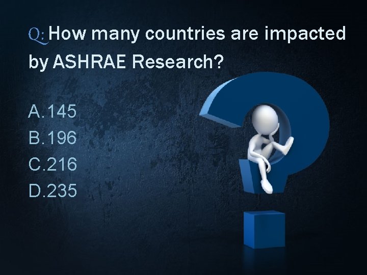 Q: How many countries are impacted by ASHRAE Research? A. 145 B. 196 C.