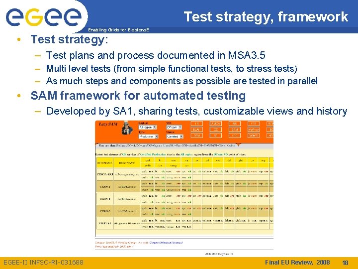 Test strategy, framework Enabling Grids for E-scienc. E • Test strategy: – Test plans