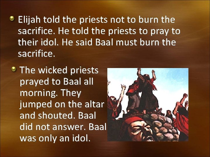 Elijah told the priests not to burn the sacrifice. He told the priests to