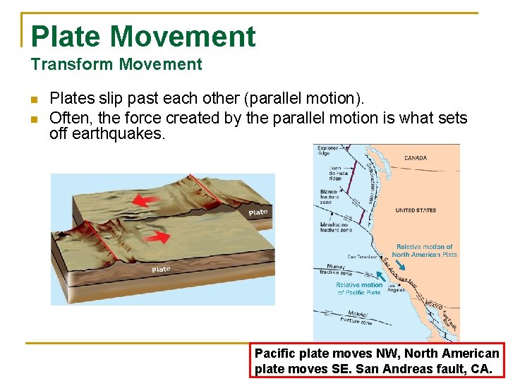 Plate Movement Transform Movement n n Plates slip past each other (parallel motion). Often,