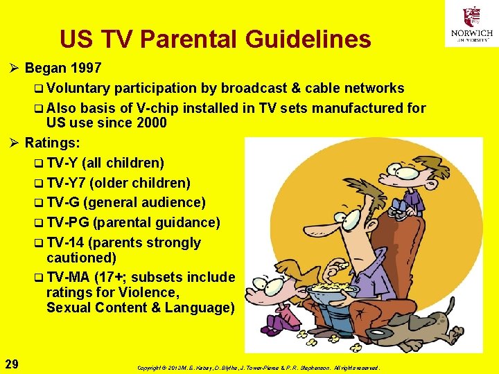 US TV Parental Guidelines Ø Began 1997 q Voluntary participation by broadcast & cable