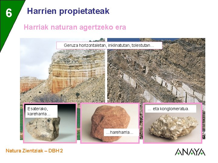 6 3 Harrien propietateak Harriak naturan agertzeko era Geruza horizontaletan, inklinatutan, tolestutan… Esaterako, kareharria…