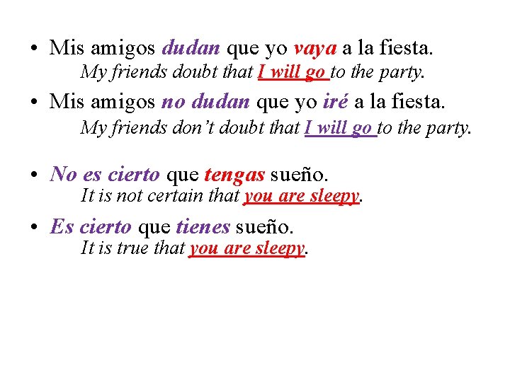 • Mis amigos dudan que yo vaya a la fiesta. My friends doubt • Mis amigos dudan que yo vaya a la fiesta. My friends doubt