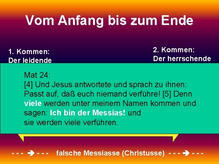 Vom Anfang bis zum Ende 1. Kommen: Der leidende Messias 2. Kommen: Der herrschende