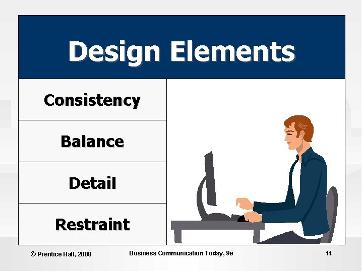 Design Elements Consistency Balance Detail Restraint © Prentice Hall, 2008 Business Communication Today, 9