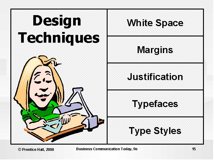 Design Techniques White Space Margins Justification Typefaces Type Styles © Prentice Hall, 2008 Business