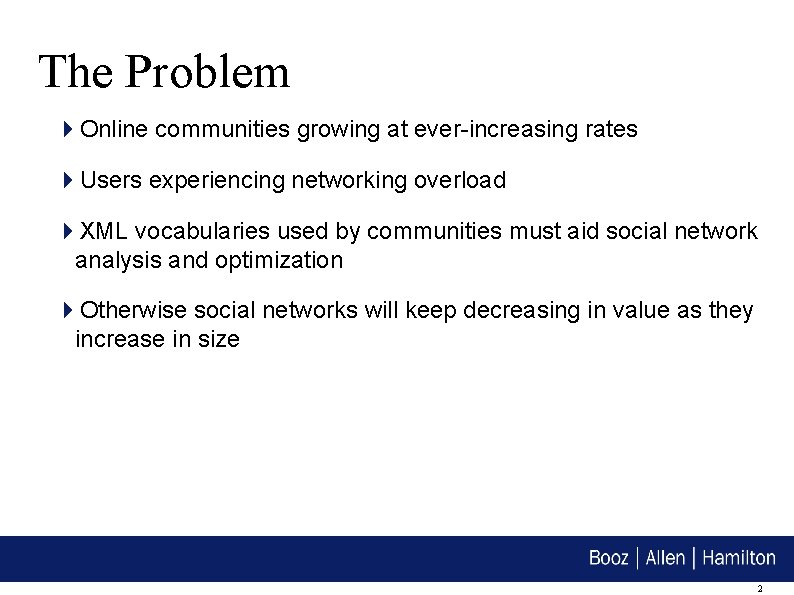 The Problem Online communities growing at ever-increasing rates Users experiencing networking overload XML vocabularies