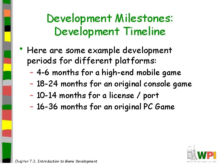 Development Milestones: Development Timeline • Here are some example development periods for different platforms: