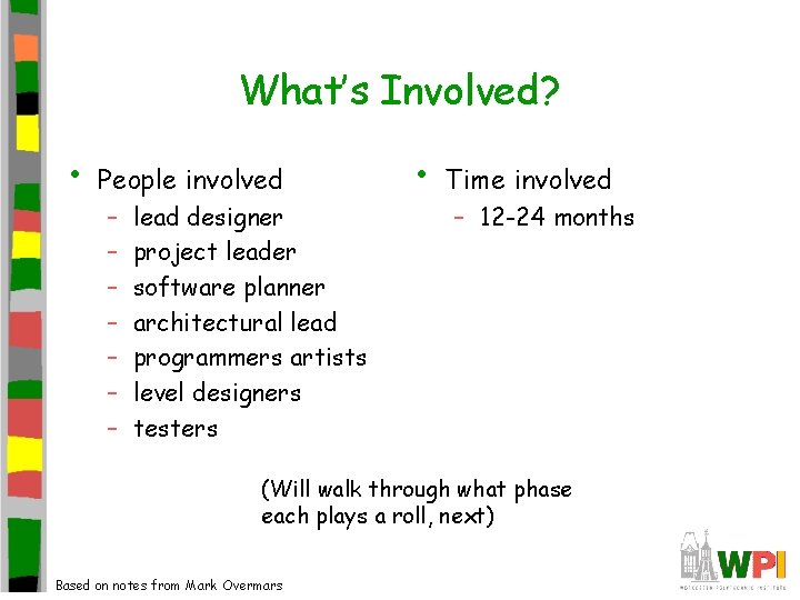 What’s Involved? • People involved – – – – lead designer project leader software