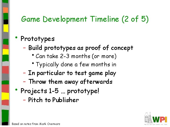 Game Development Timeline (2 of 5) • Prototypes – Build prototypes as proof of