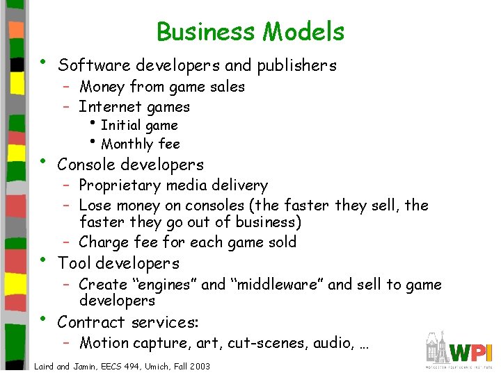  • Business Models Software developers and publishers – Money from game sales –