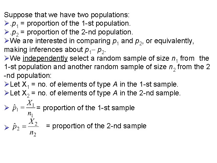 Suppose that we have two populations: Ø. p 1 = proportion of the 1