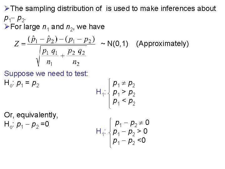 ØThe sampling distribution of is used to make inferences about p 1 p 2.
