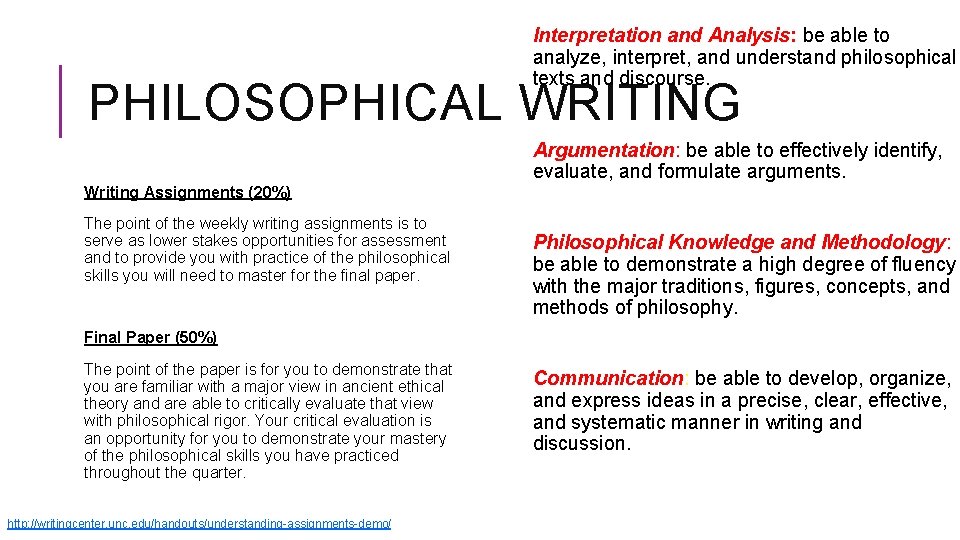 Interpretation and Analysis: be able to analyze, interpret, and understand philosophical texts and discourse.