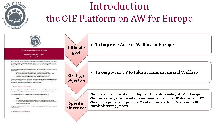 Introduction the OIE Platform on AW for Europe Ultimate goal Strategic objective Specific objectives