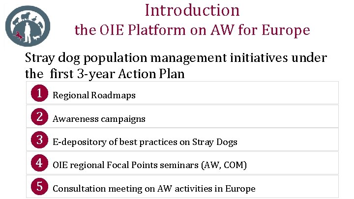 Introduction the OIE Platform on AW for Europe Stray dog population management initiatives under