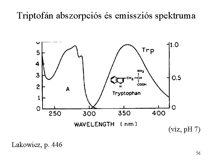 Triptofán abszorpciós és emissziós spektruma (víz, p. H 7) Lakowicz, p. 446 56 
