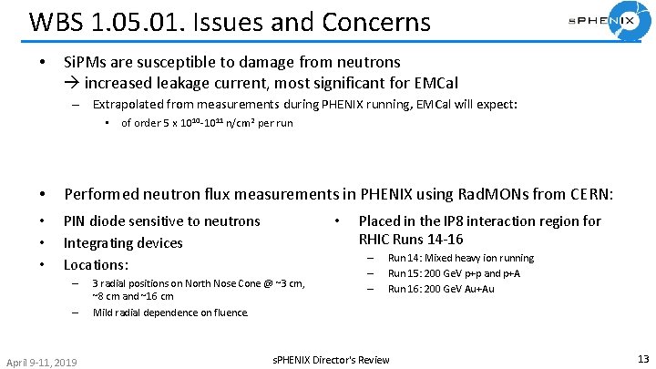 WBS 1. 05. 01. Issues and Concerns • Si. PMs are susceptible to damage