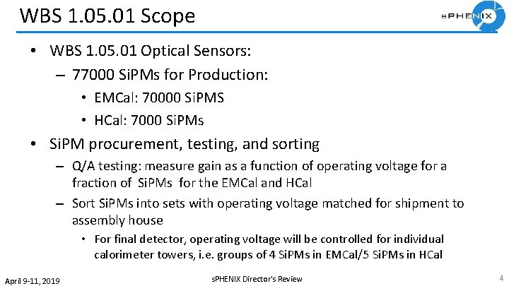 WBS 1. 05. 01 Scope • WBS 1. 05. 01 Optical Sensors: – 77000