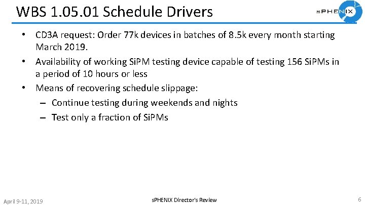 WBS 1. 05. 01 Schedule Drivers • CD 3 A request: Order 77 k