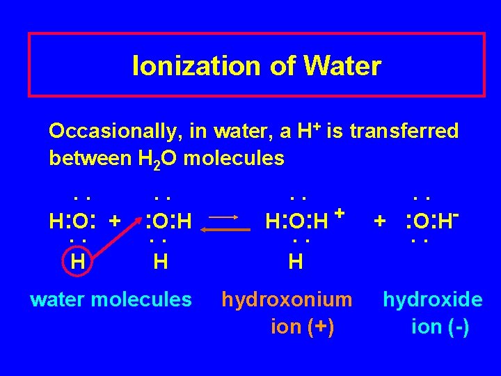 Ionization of Water Occasionally, in water, a H+ is transferred between H 2 O