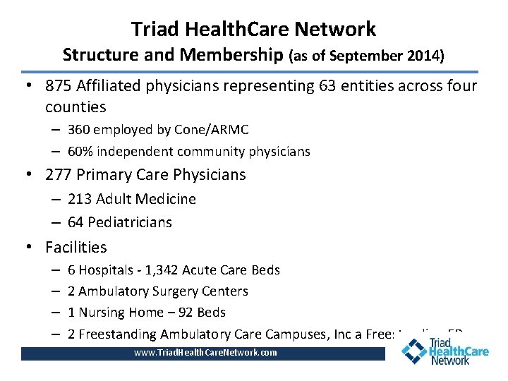 Triad Health. Care Network Structure and Membership (as of September 2014) • 875 Affiliated
