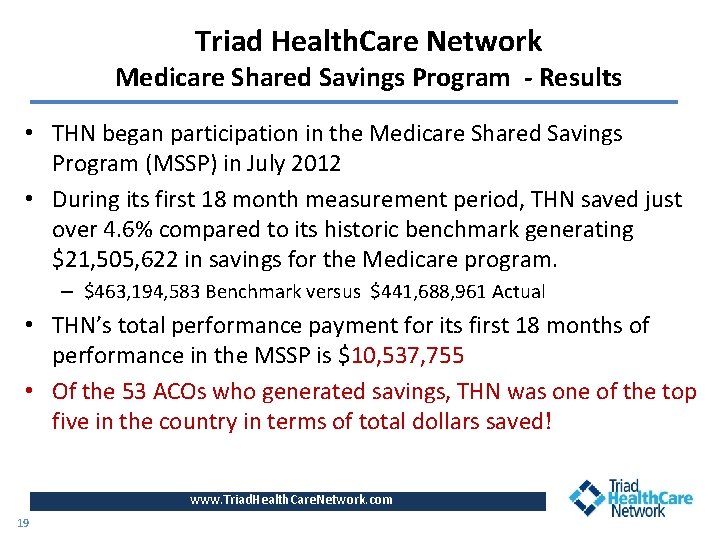 Triad Health. Care Network Medicare Shared Savings Program - Results • THN began participation