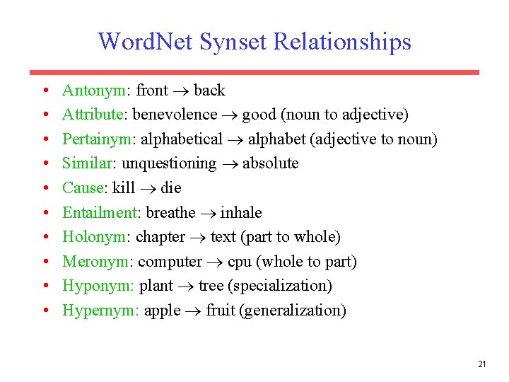 Word. Net Synset Relationships • • • Antonym: front back Attribute: benevolence good (noun Word. Net Synset Relationships • • • Antonym: front back Attribute: benevolence good (noun