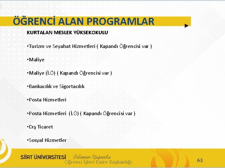 ÖĞRENCİ ALAN PROGRAMLAR KURTALAN MESLEK YÜKSEKOKULU • Turizm ve Seyahat Hizmetleri ( Kapandı Öğrencisi