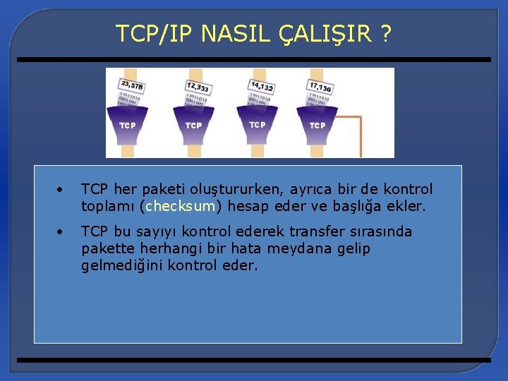 TCP/IP NASIL ÇALIŞIR ? • TCP her paketi oluştururken, ayrıca bir de kontrol toplamı