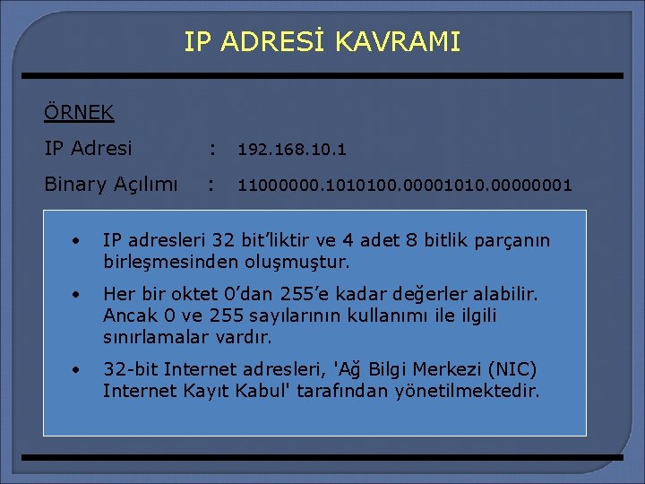 IP ADRESİ KAVRAMI ÖRNEK IP Adresi : 192. 168. 10. 1 Binary Açılımı :